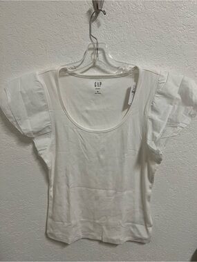 GAP White Flutter Sleeve Scoop Neck ribbed top